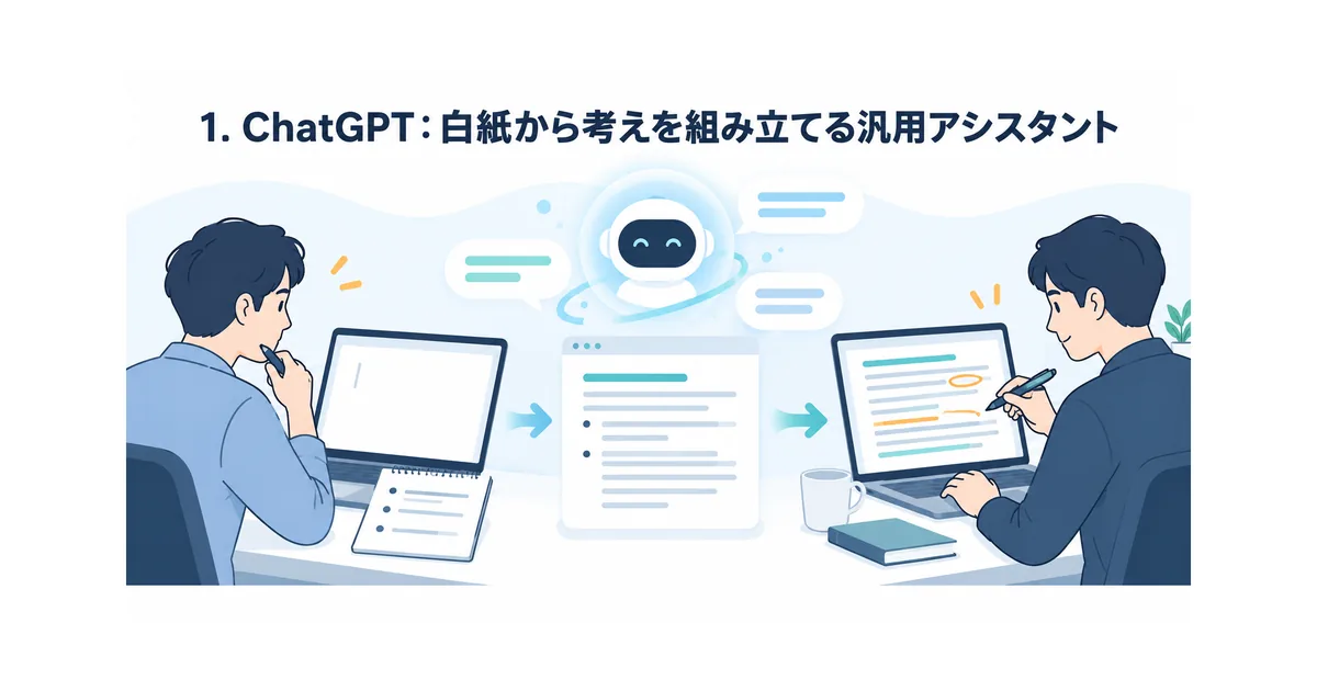 メールや資料の下書きをAIに相談し人が内容を整える仕事机