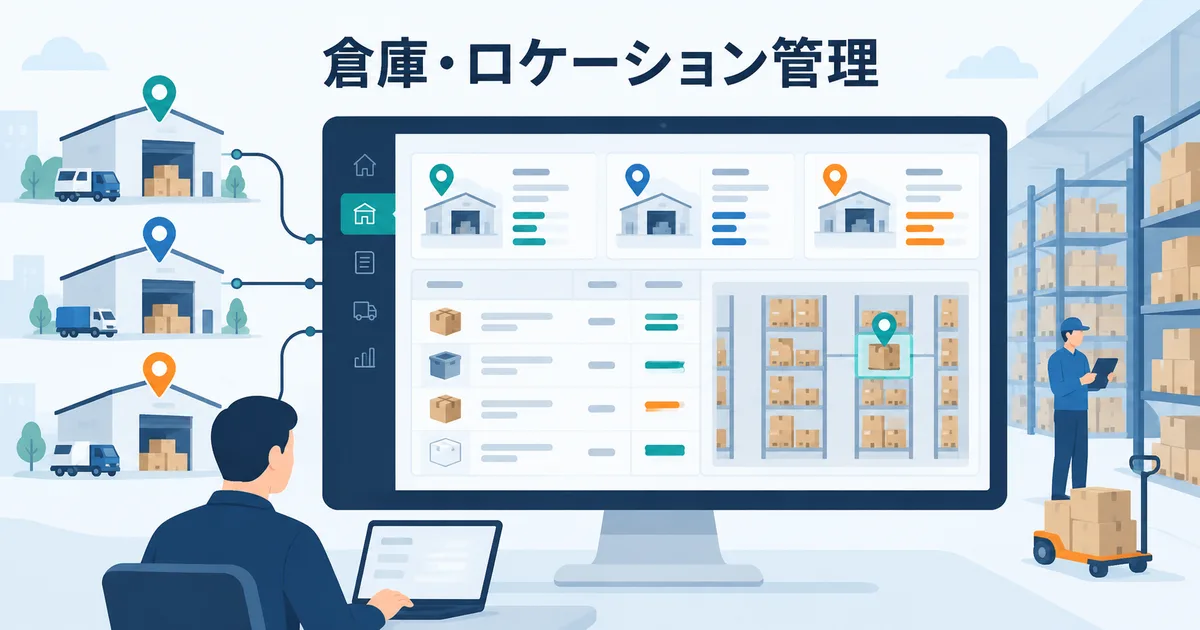 複数倉庫と棚ロケーションを一元管理する在庫管理システムの画面イメージ