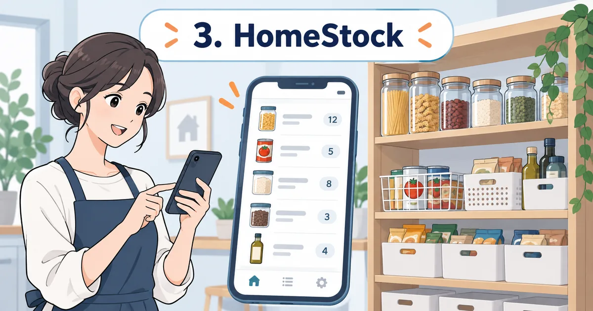 家庭の日用品と食品をスマートフォンの在庫管理アプリで一覧確認しているイメージ