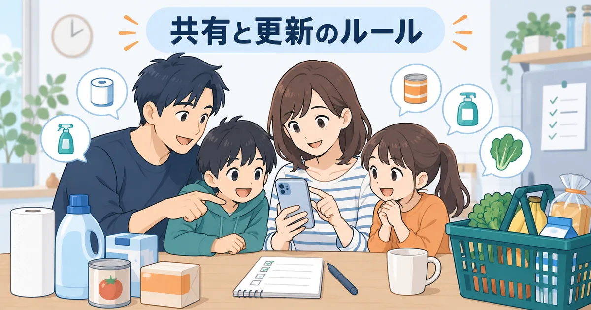 家族が買い物前に在庫と買い物リストをスマートフォンで確認しているイメージ