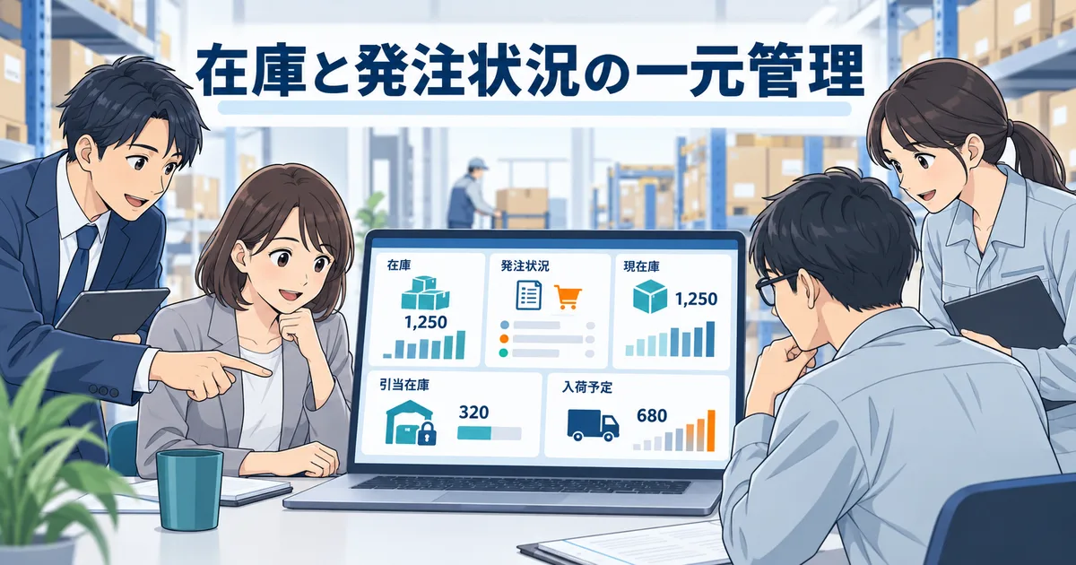 在庫数と発注状況を一つの画面で確認し、発注候補を整理する業務のイラスト