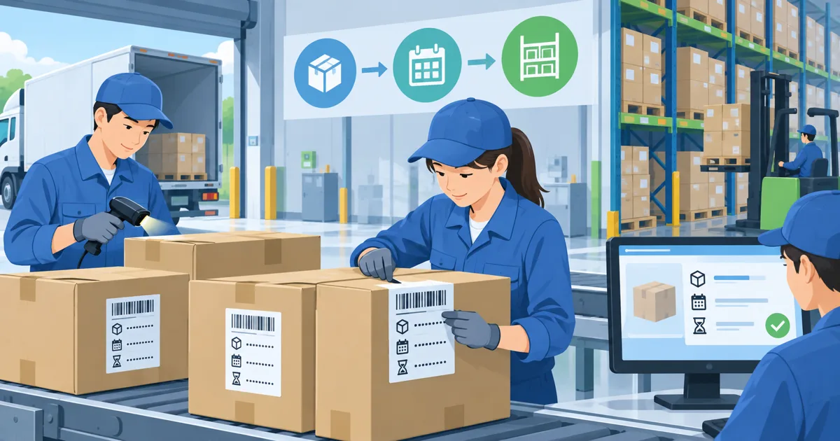 入荷した商品をロット番号ごとに棚へ登録する在庫管理のイメージ