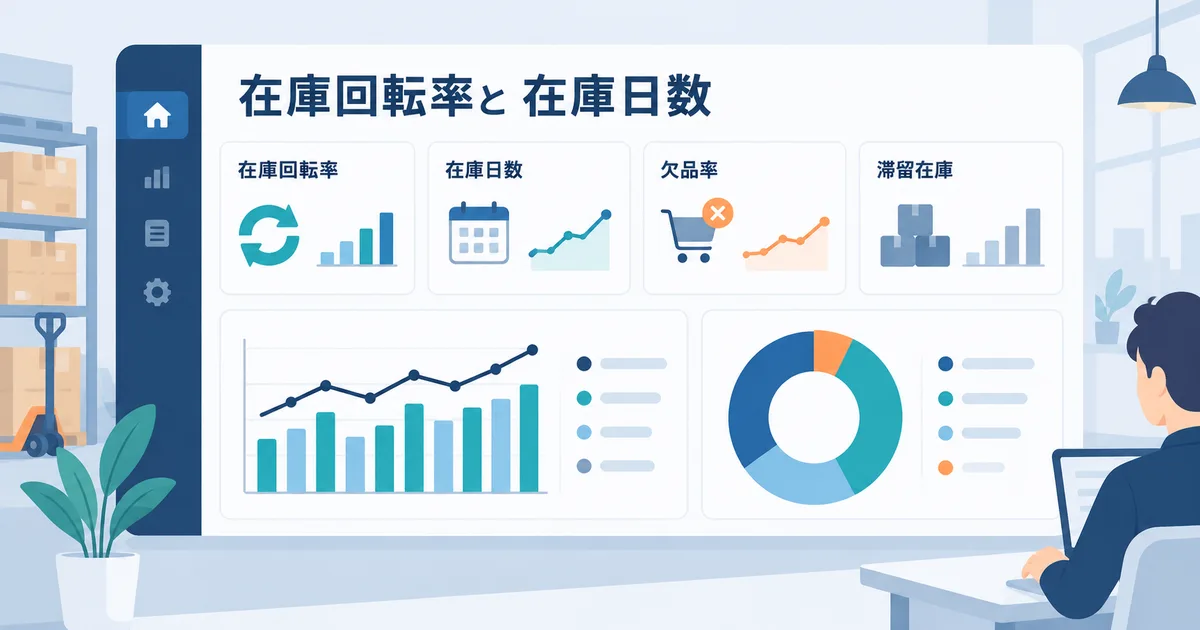 在庫回転率、欠品率、滞留在庫金額をカードとグラフで確認する在庫ダッシュボードイラスト