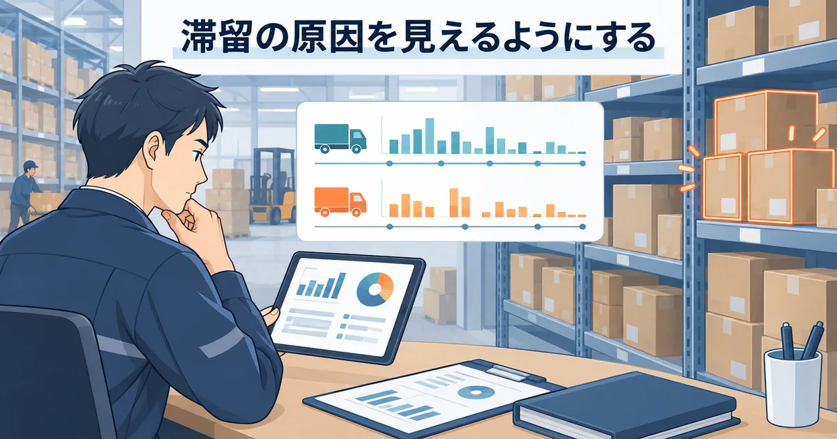 在庫管理アプリで滞留在庫と入出庫履歴を確認し過剰在庫の原因を分析しているイメージ