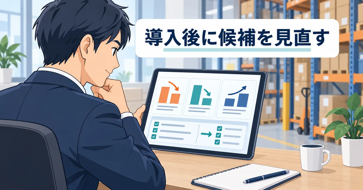 導入後に在庫管理アプリの欠品数と過剰在庫を確認し改善効果を測定しているイメージ