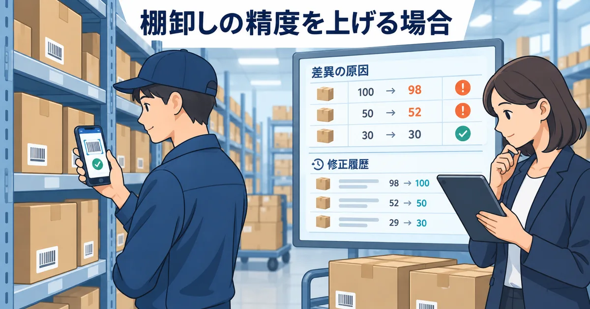スマホで棚卸しを行い差異の原因と修正履歴を確認しているイメージ