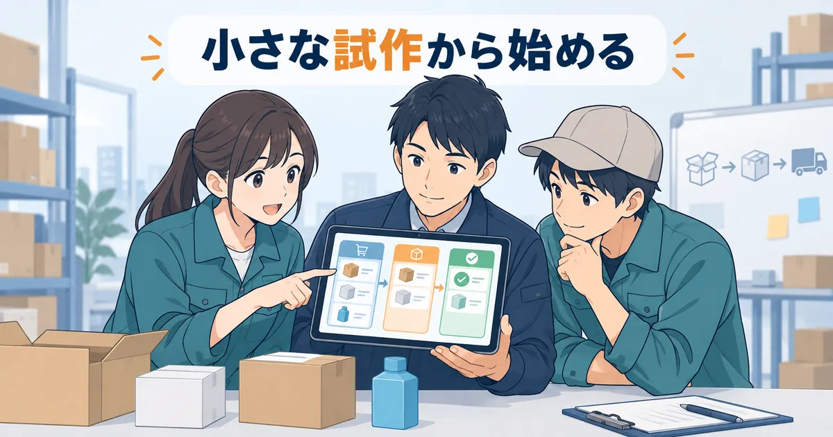 在庫管理アプリの試作結果を現場担当者と確認し改善点を話し合っているイメージ