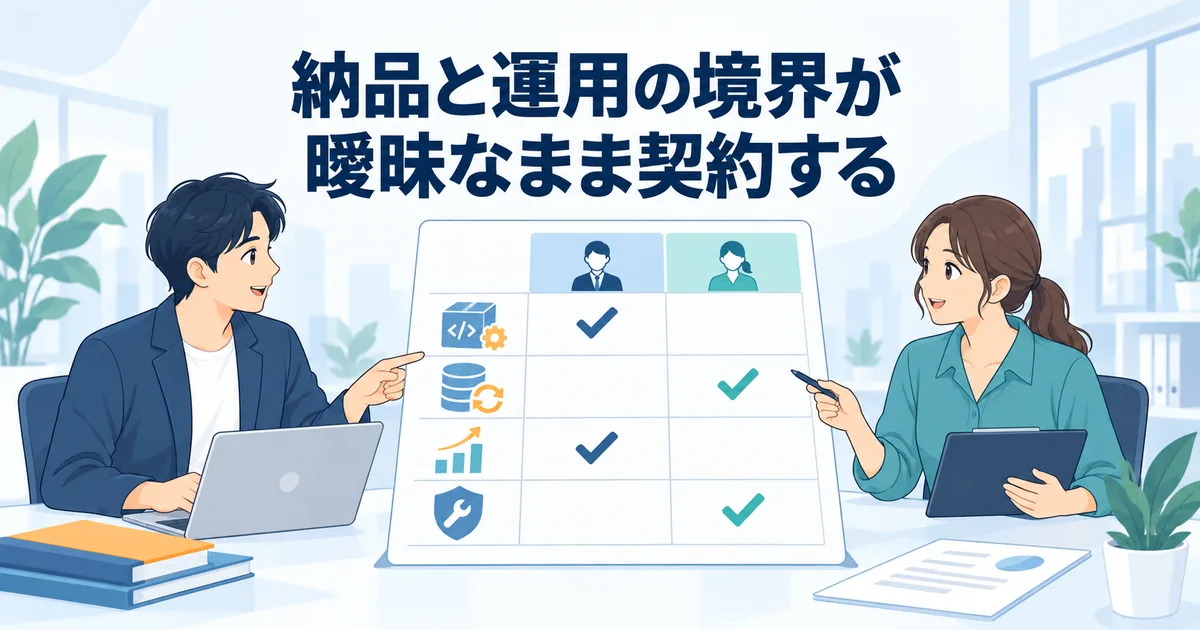 開発会社と発注側の間で成果物、データ更新、品質改善、障害対応の担当を確認するチェック表