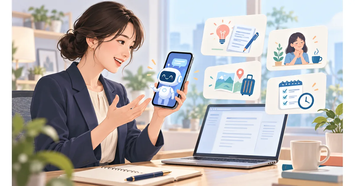 ChatGPT、Gemini、Claude、Copilotの4つの会話AIを並べ、それぞれに日常の質問、文章整理、予定の相談をする利用シーン