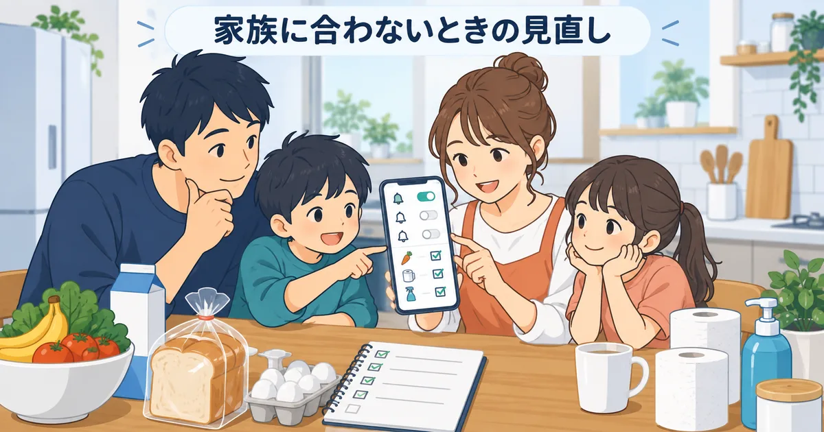 家族が家庭用在庫管理アプリの通知と買い物リストを見直しているイメージ