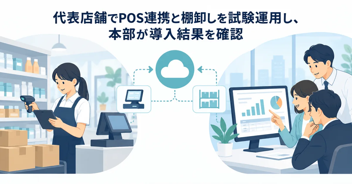 代表店舗でPOS連携と棚卸しを試験運用し、本部が導入結果を確認する業務のイラスト