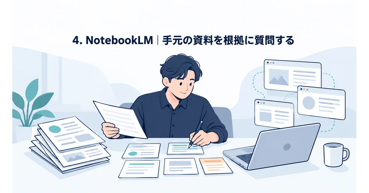 ウェブ検索と手元の資料を分け、出典を確かめながら調査メモにまとめるデスクの図