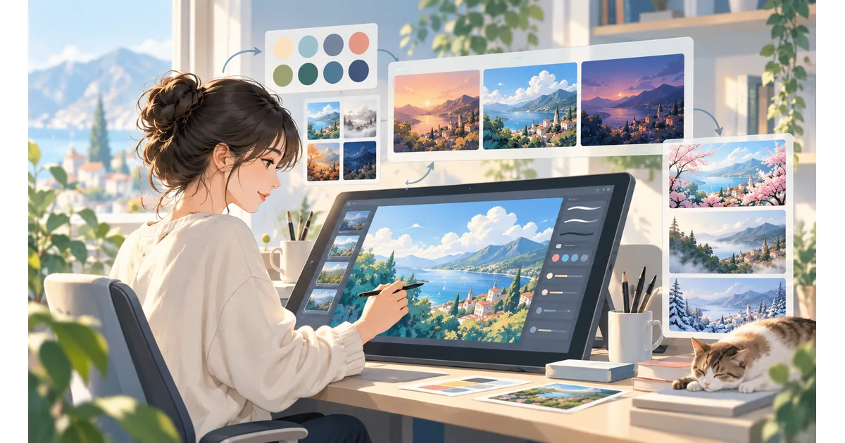 Adobe Firefly：デザイン作業で画像生成を試す。画像案の生成回数と利用条件を確かめるイメージ