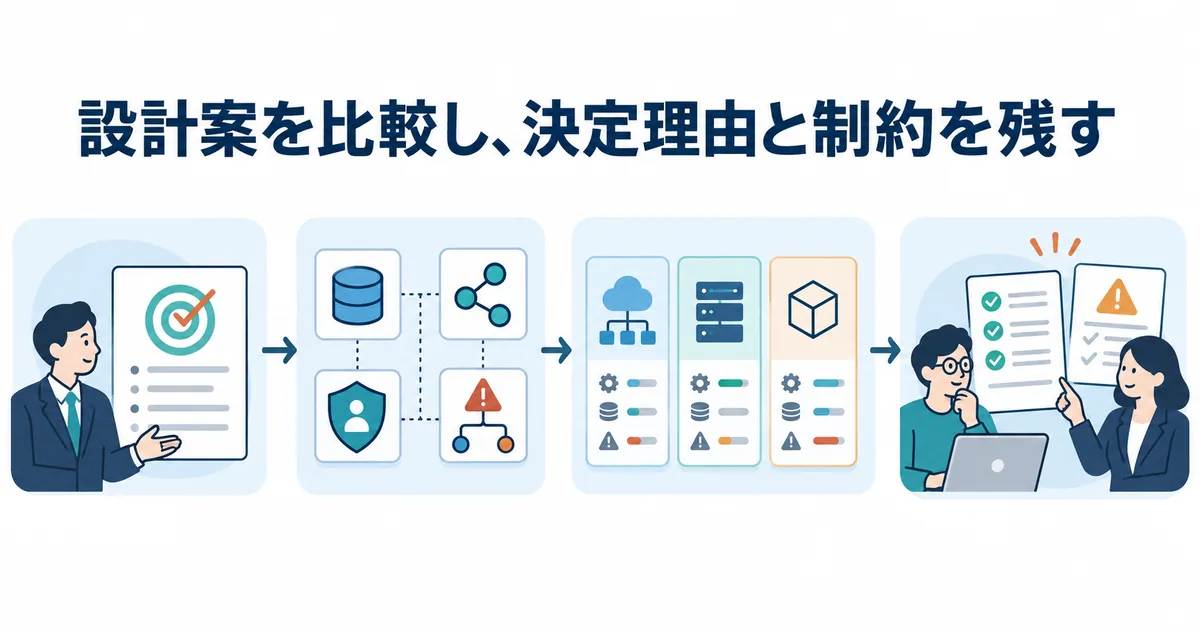 業務要件からデータ、API、権限、エラー処理を設計し、人が採用理由と制約を確認する流れ
