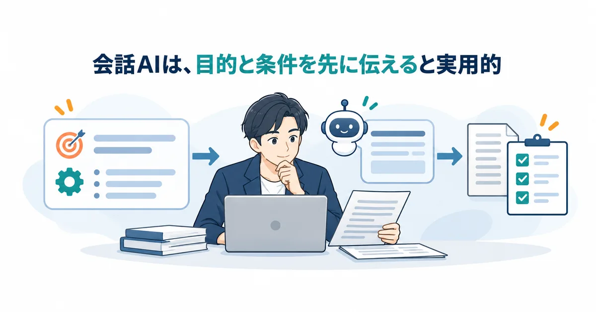 文章の目的や条件を短い指示に整理し、生成AIの回答を人が確認する流れを示した図解