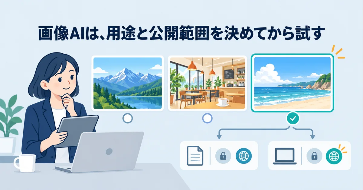 文章のイメージから背景や構図の異なる画像案を複数作り、用途に合わせて選ぶ様子
