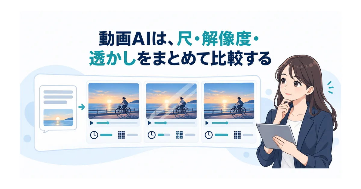 短い動画の場面を文章で指示し、生成結果の長さや画質と透かしを確認している画面のイメージ