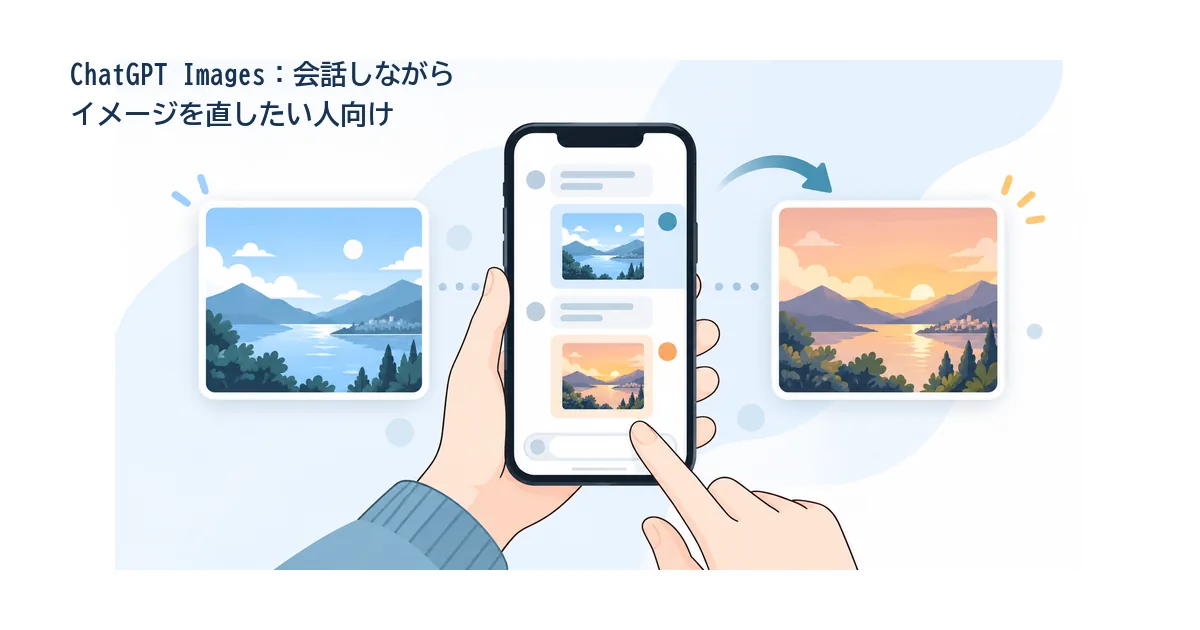 スマートフォンの会話画面でイラストを生成し、背景色や構図を言葉で修正するイメージ