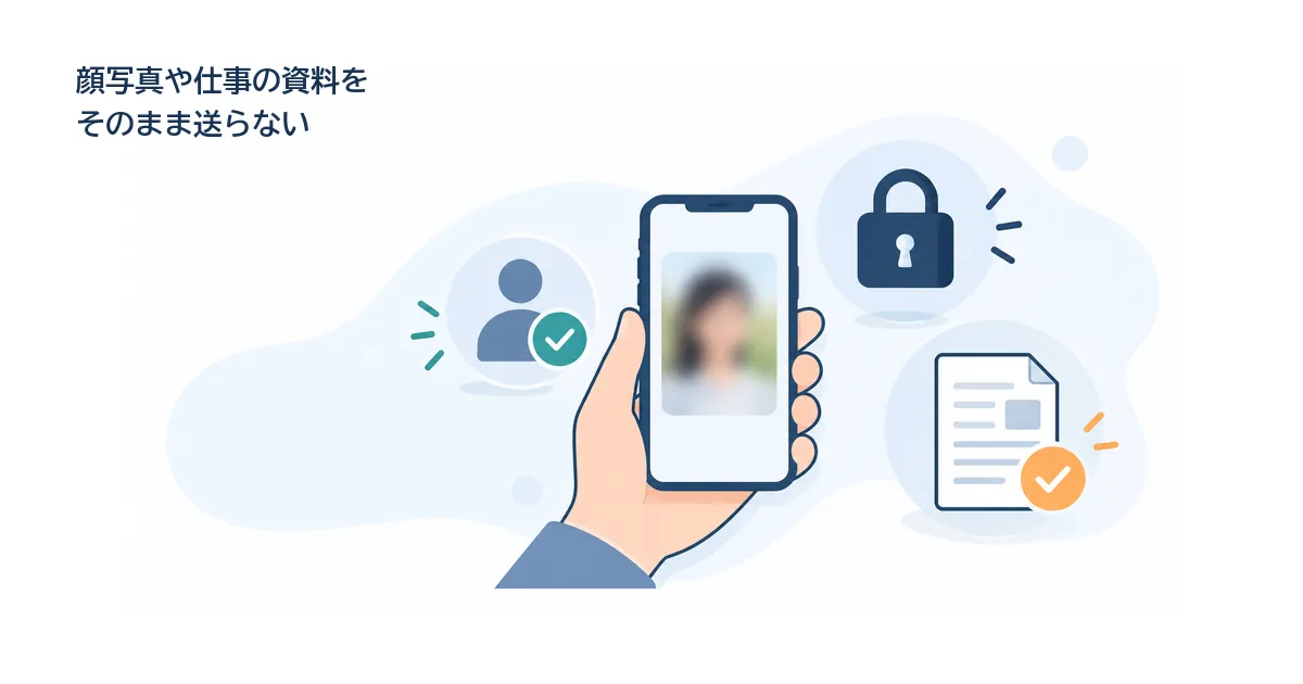 公開範囲・人物の同意・個人情報を確認してから画像生成AIへ素材を送るスマートフォンの画面