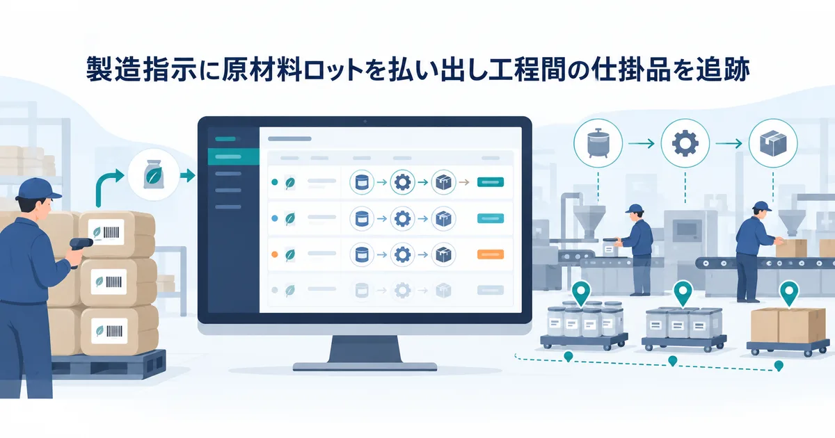 製造指示に原材料ロットを払い出し工程間の仕掛品を追跡する在庫管理画面のイラスト