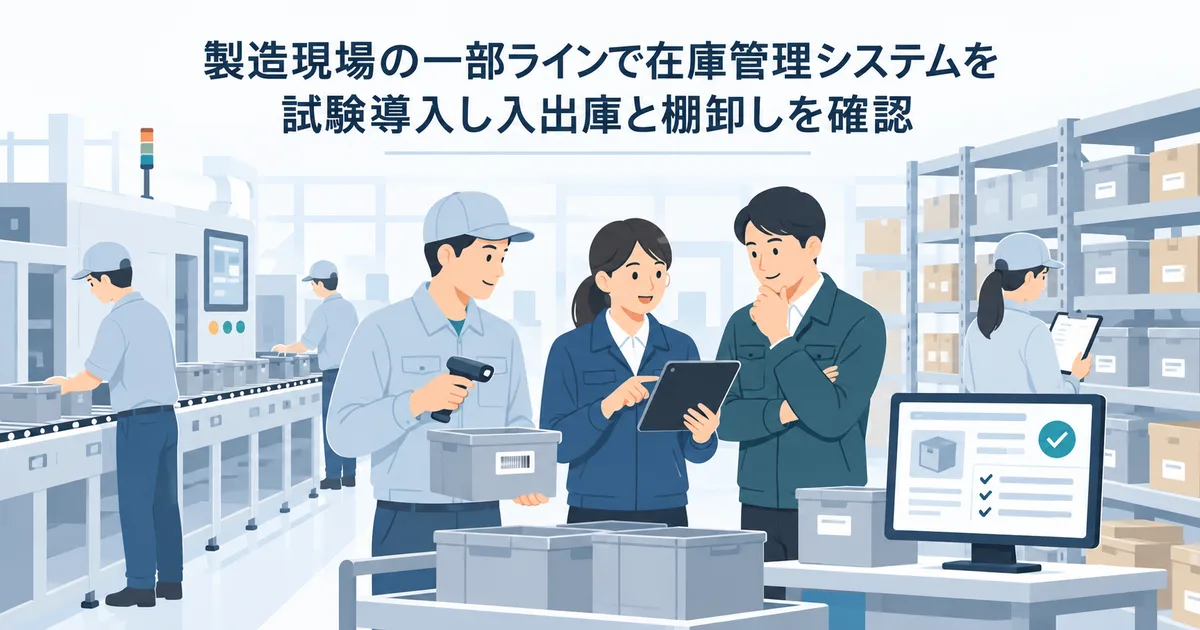 製造現場の一部ラインで在庫管理システムを試験導入し入出庫と棚卸しを確認するイラスト