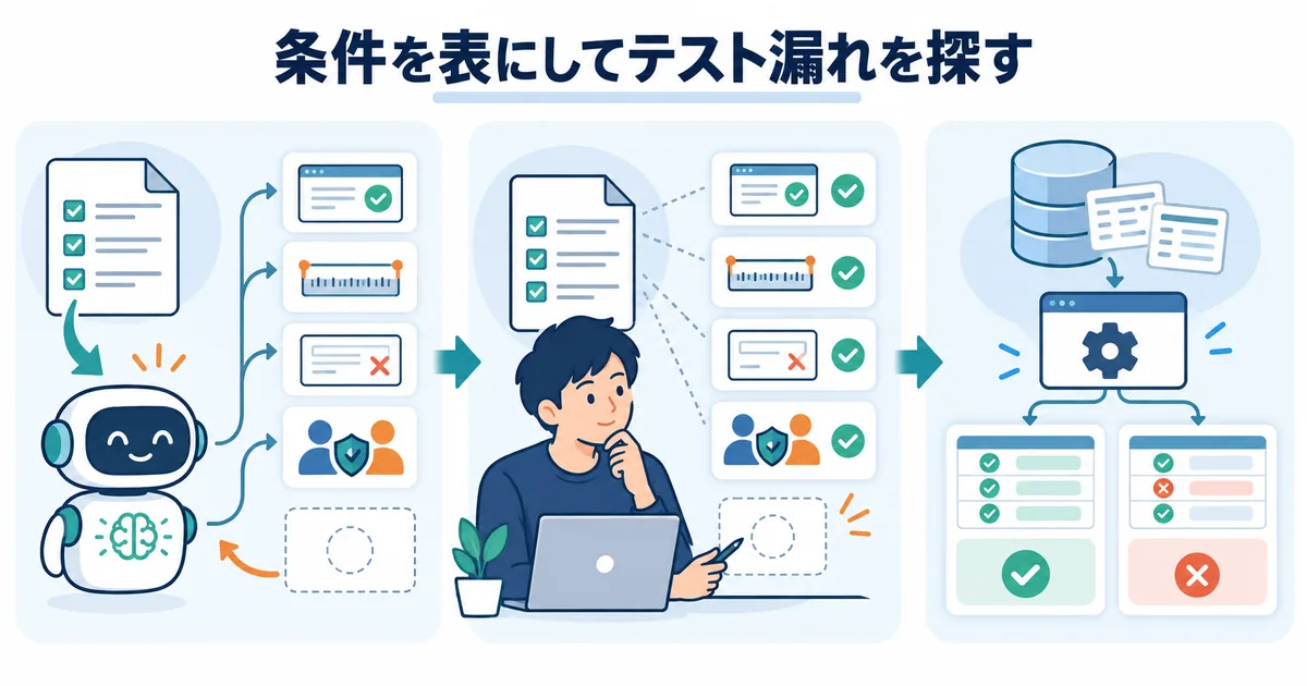 開発者がAIのテストケース候補を正常系・境界値・異常系に分け、実行結果と期待結果を照合している様子