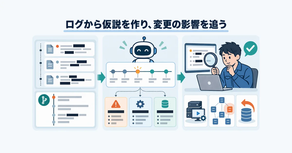 保守担当者が機密を除いたエラー時系列をAIに要約させ、再現手順とロールバック確認をレビューしている様子
